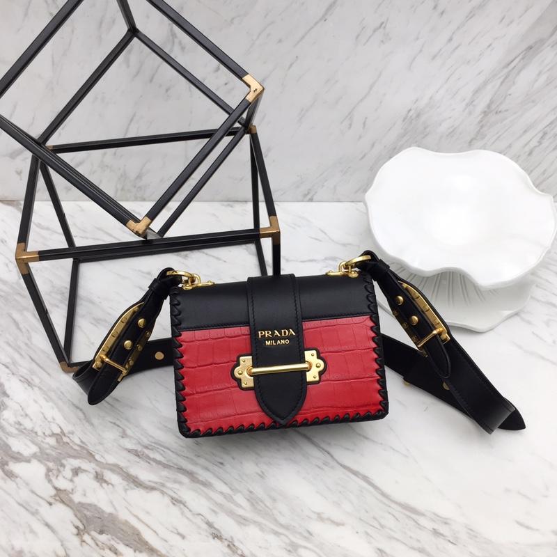 Prada 1BD045 crocodile pattern color matching woven gold buckle red and black
